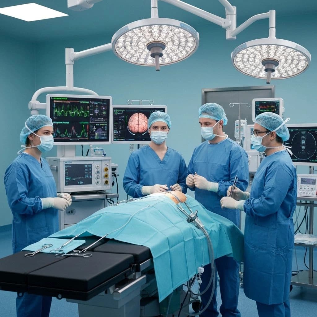 Equipo quirúrgico especializado realizando una cirugía en sala